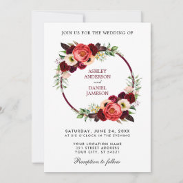 Convite Casamento de Watercolor Burgundy Floral Wreath Boh