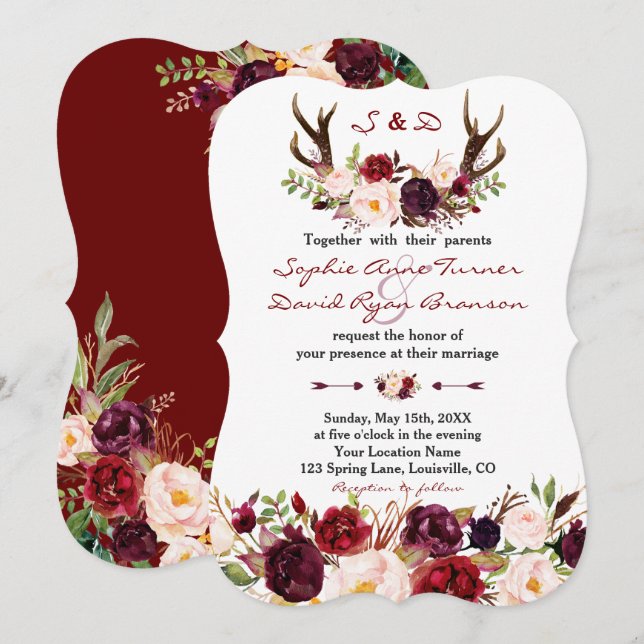 Convite Casamento de Watercolor Burgundy Marsala Floral An (Frente/Verso)