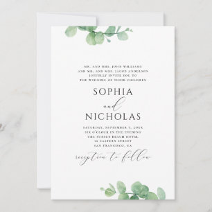 Convite Casamento de Watercolor eucalyptus. Folhagem verde