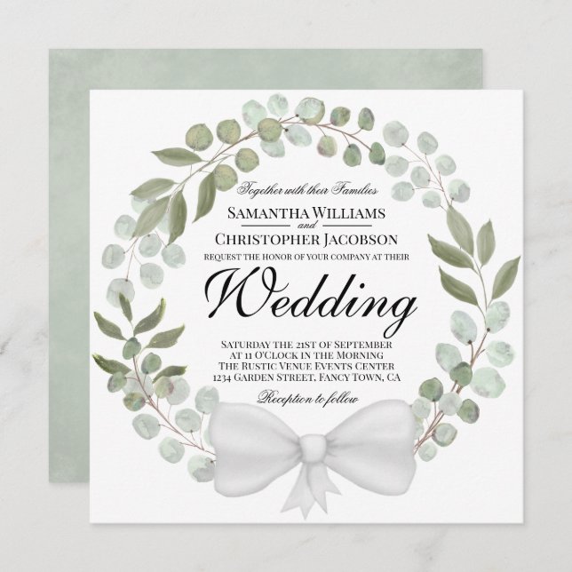 Convite Casamento de Watercolor Eucalyptus & Foliage Wreat (Frente/Verso)