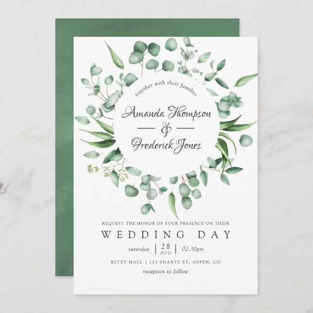 Convite Casamento de Watercolor Eucalyptus Greenery (Frente/Verso)