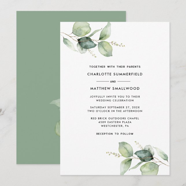 Convite Casamento de Watercolor Eucalyptus Greenery (Frente/Verso)