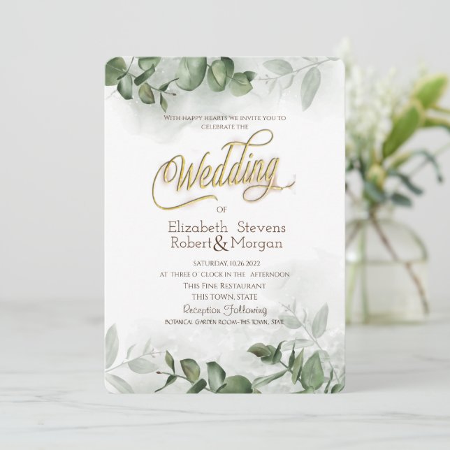 Convite Casamento de Watercolor Eucalyptus Greenery (Em pé/Frente)