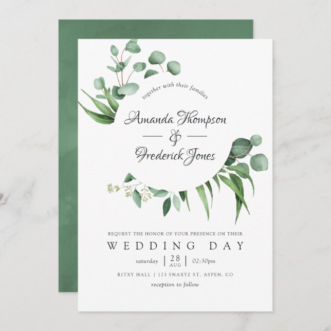 Convite Casamento de Watercolor Eucalyptus Greenery (Frente/Verso)