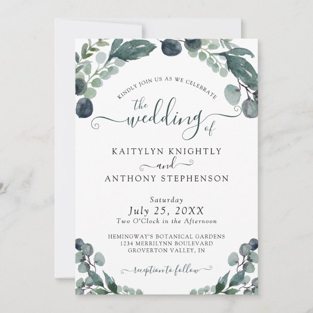 Convite Casamento de Watercolor Eucalyptus Greenery (Frente)