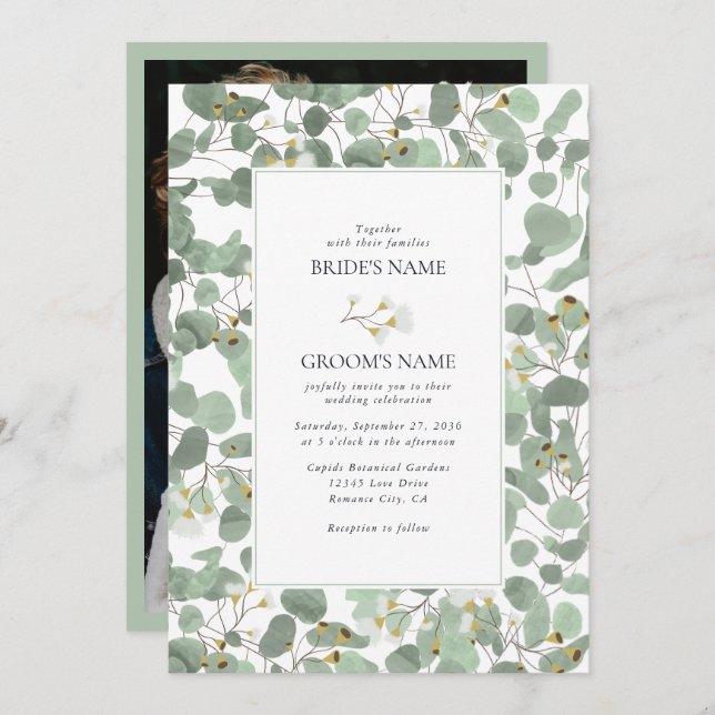 Convite Casamento de Watercolor Eucalyptus Greenery Blosso (Frente/Verso)