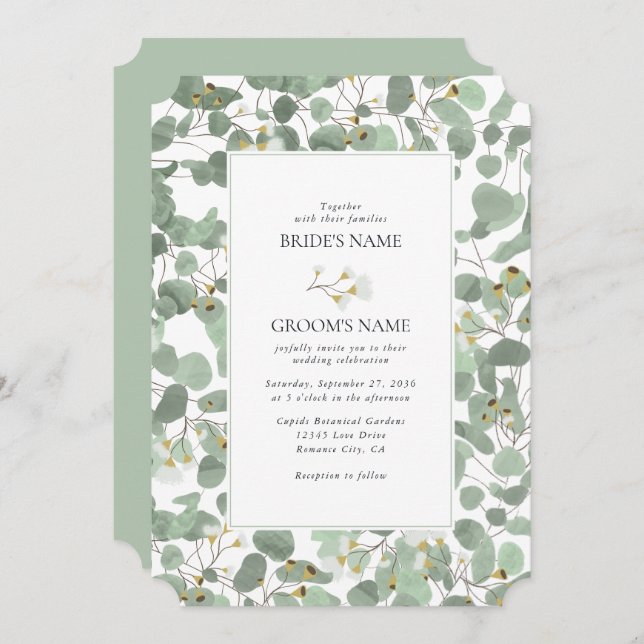 Convite Casamento de Watercolor Eucalyptus Greenery Blosso (Frente/Verso)