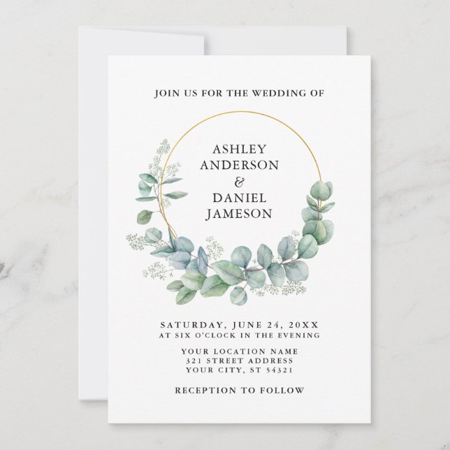Convite Casamento de Watercolor Eucalyptus Greenery Dourad (Frente)
