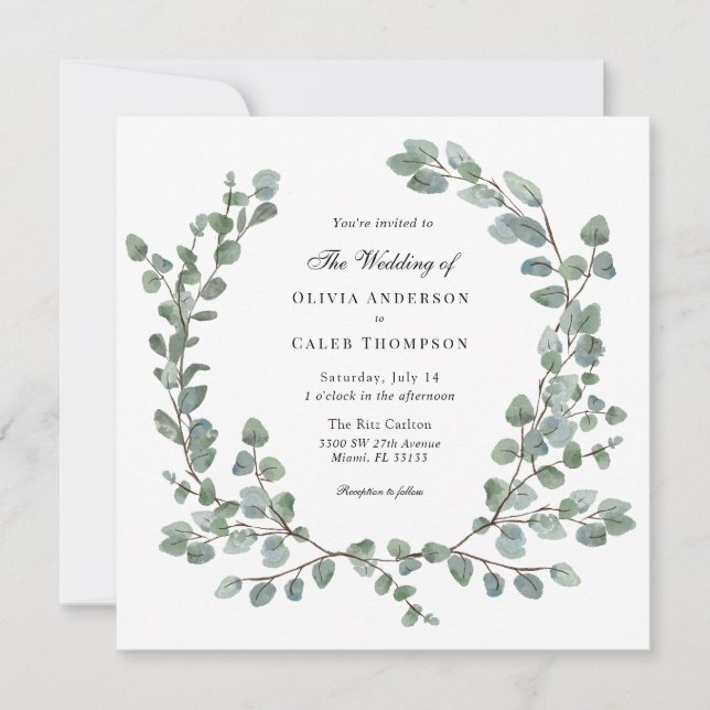 Convite Casamento de Watercolor Eucalyptus Wreath (Frente)
