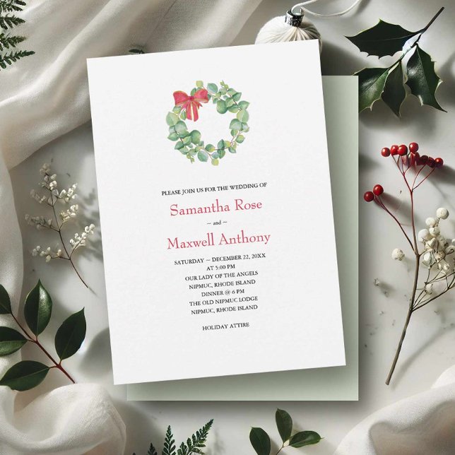 Convite Casamento de Watercolor Eucalyptus Wreath (Winter wedding invitations watercolor eucalyptus & red bow wreath by Victoria Grigaliunas VG Invites)