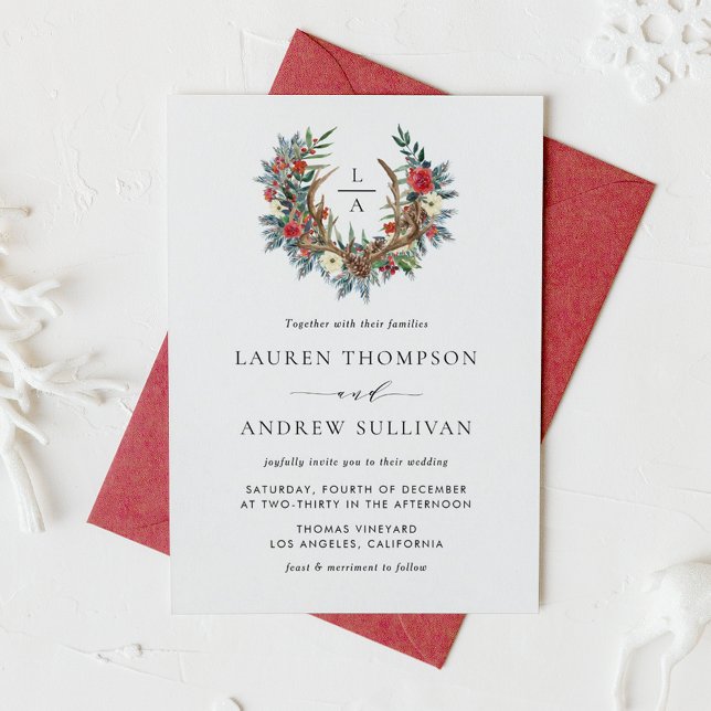 Convite Casamento de Watercolor Floral Antler Wreath Monog (Watercolor Floral Antler Wreath Monogram Christmas Wedding Invitation)
