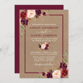 Convite Casamento de Watercolor Floral Burgundy Kraft