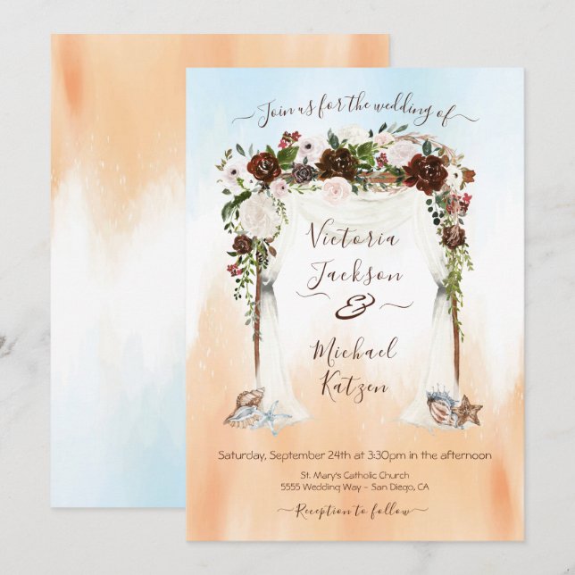 Convite Casamento de Watercolor Floral Tropical Beach Cano (Frente/Verso)