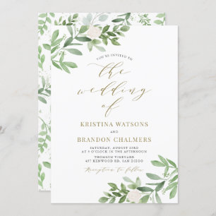 Convite Casamento de Watercolor Greenery and White Flowers