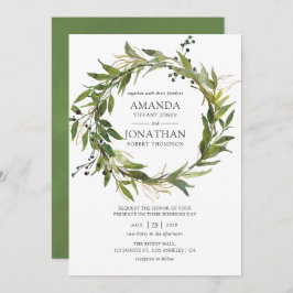 Convite Casamento de Watercolor Leafy Greenery Wreath