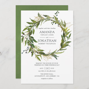 Convite Casamento de Watercolor Leafy Greenery Wreath