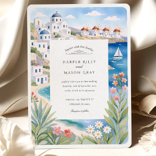Convite Casamento de Watercolor Mykonos Seaside Windmills