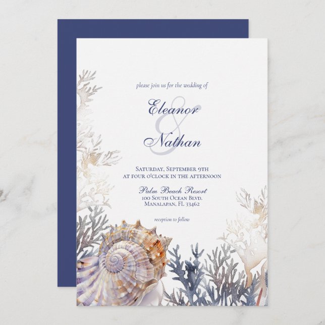 Convite Casamento de Watercolor Seashell Corals (Frente/Verso)