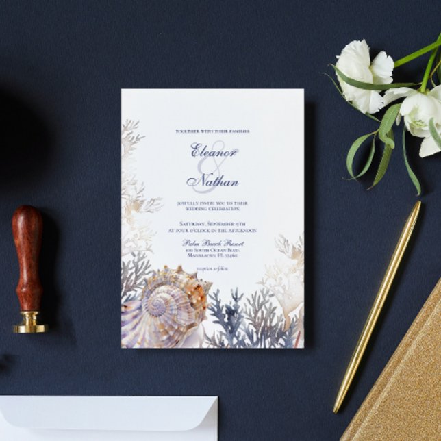 Convite Casamento de Watercolor Seashell Corals (Criador carregado)