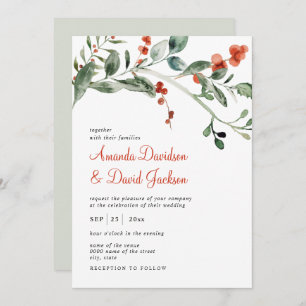 Convite Casamento de Watercolor Winter Greenery & Red Berr