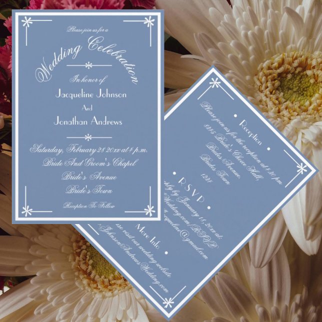 Convite Casamento de Website de Correio Eletrônico RSVP co (Bohemian dusty blue wedding Invitations. Chic script. All-in-one RSVP Includes email, website etc.)