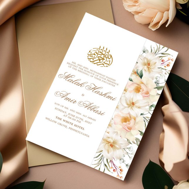 Convite Casamento de White Floral e White Muslim Islâmico (Criador carregado)