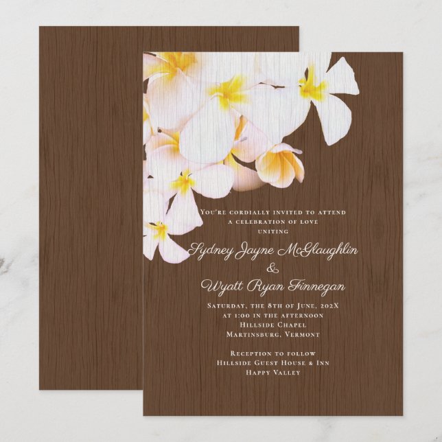 Convite Casamento de White Plumeria Brown Wood Hawaiian (Frente/Verso)