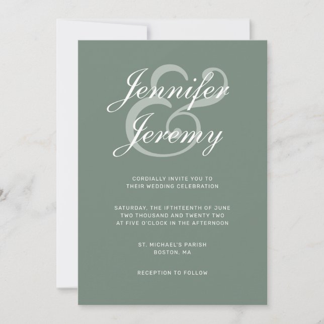 Convite Casamento De White Script Elegante Verde De Sage M (Frente)
