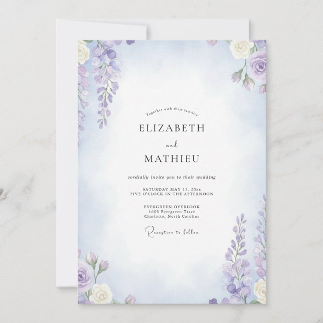 Convite Casamento de Wisteria com Ametista e Periwinkle (Frente)