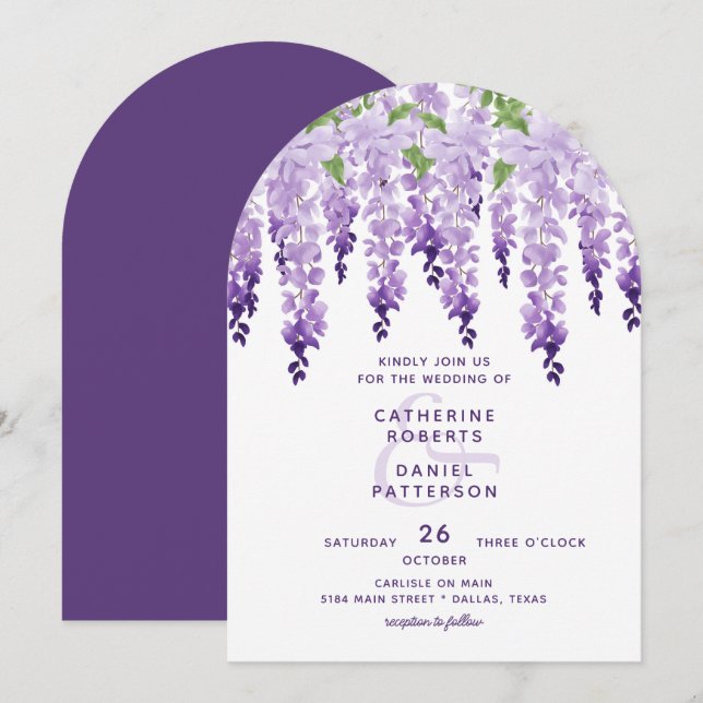 Convite Casamento de Wisteria Roxo Lavanda com Aquarela (Frente/Verso)