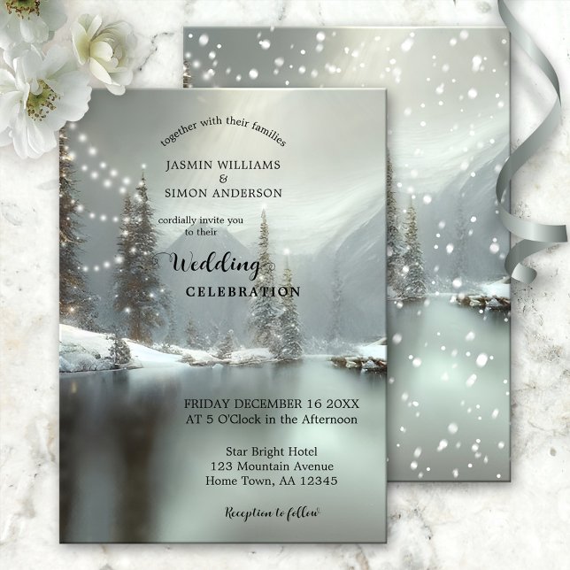 Convite Casamento de Wonderland de inverno de Natal elegan (Wedding invitation featuring a dreamy winter wonderland scene with sparkling lights)