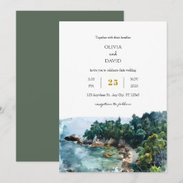 Convite Casamento de Woodsy Praia Costeira Azul Dusty
