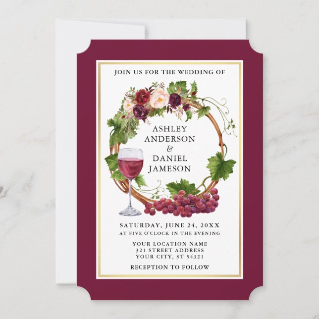 Convite Casamento de Wreath Burgundy, Uvas Florais De Aqua (Frente)