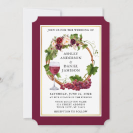 Convite Casamento de Wreath Burgundy, Uvas Florais De Aqua