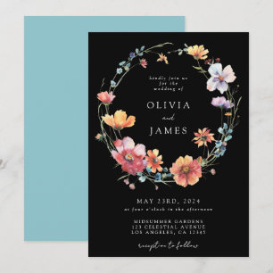 Convite Casamento de Wreath de Flor Selvagem de Verão Negr