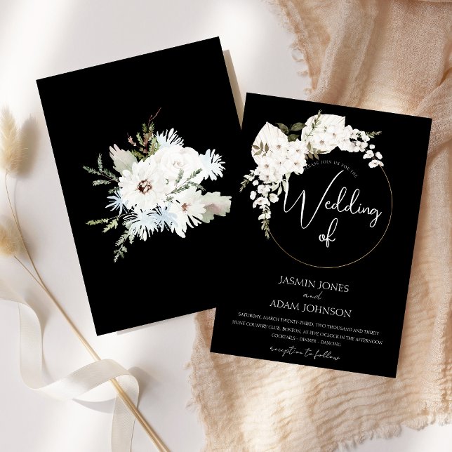 Convite Casamento de Wreath de Natal Negro Floral Branca d (Winter White Floral Black Christmas Wreath Wedding Invitation)
