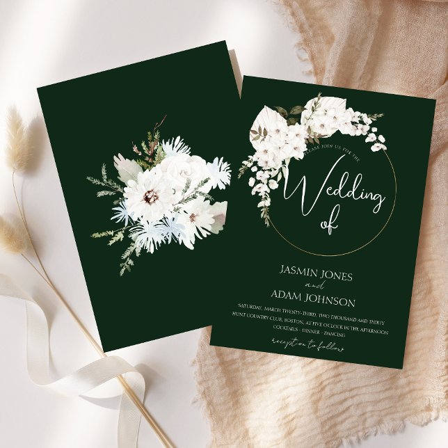 Convite Casamento de Wreath de Natal Verde Floral Branco d (Winter White Floral Green Christmas Wreath Wedding Invitation)