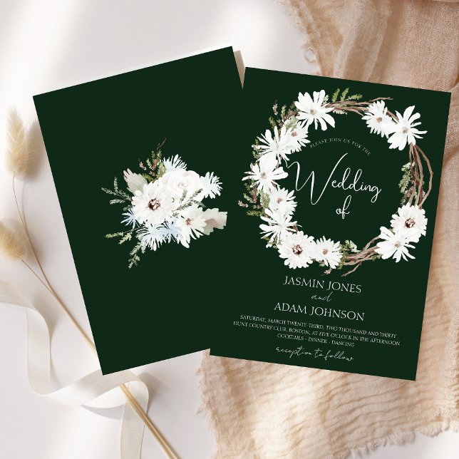 Convite Casamento de Wreath de Natal Verde Floral Branco d (Winter White Floral Green Christmas Wreath Wedding Invitation)