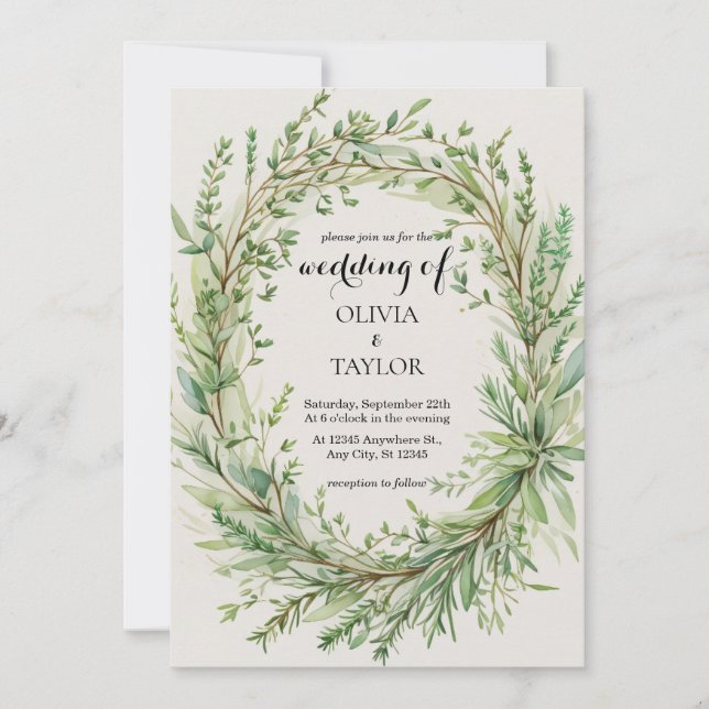 Convite Casamento de Wreath de Thyme Rosemary Sprig (Frente)