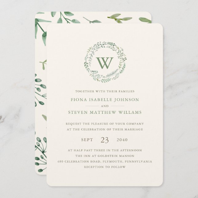 Convite Casamento de Wreath Elegante Watercolor Greenery (Frente/Verso)