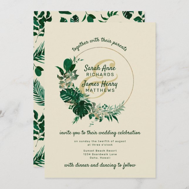Convite Casamento de Wreath em Círculo Tropical Verde Mode (Frente/Verso)