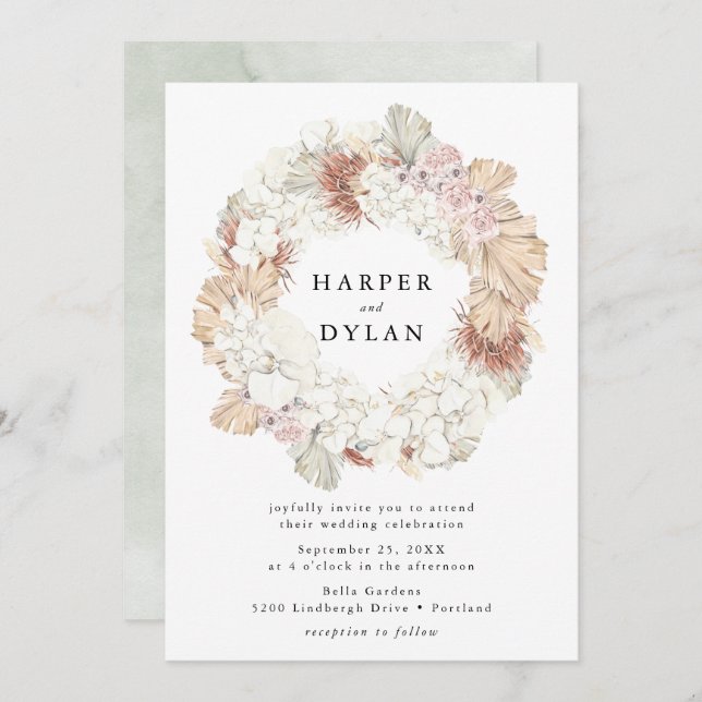 Convite Casamento de Wreath Floral com Aquarelas Tropicais (Frente/Verso)