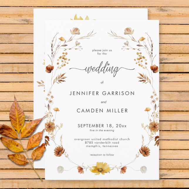 Convite Casamento de Wreath Floral de Queda de Delicado Ru (Rustic Delicate Fall Floral Wreath Wedding Invitation)