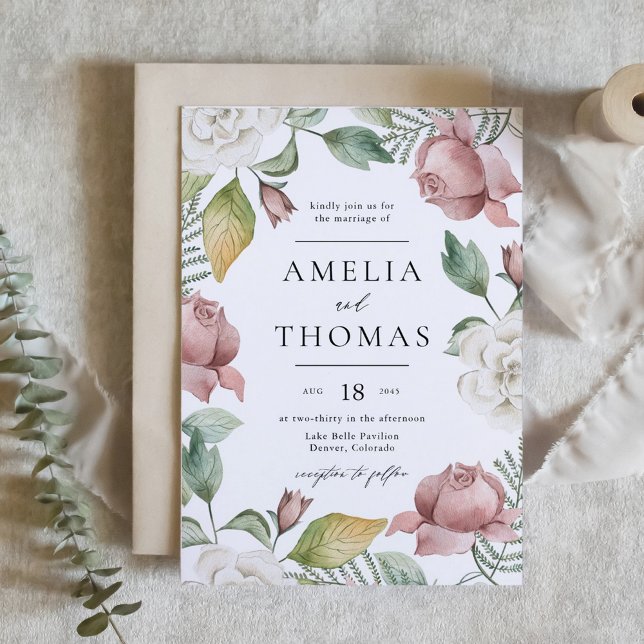 Convite Casamento de Wreath Floral de Rosa e Rosas Brancas (Mauve Pink and White Roses Floral Wreath Wedding Invitation)