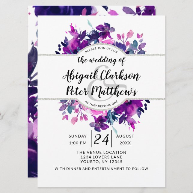 Convite Casamento de Wreath Floral Violet Watercolor Encan (Frente/Verso)