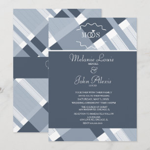 Convite Casamento de Xadrez Azul Poeirento e Branco com Lo