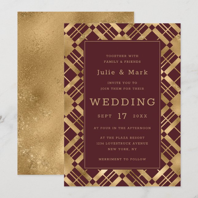 Convite Casamento de Xadrez de fundo amarelo Dourado e qua (Frente/Verso)