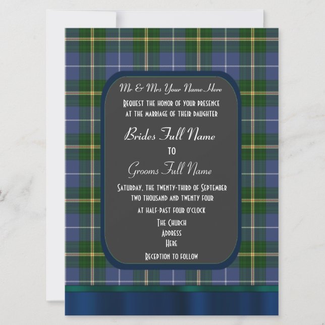 Convite Casamento de xadrez de tartan azul e verde (Frente)