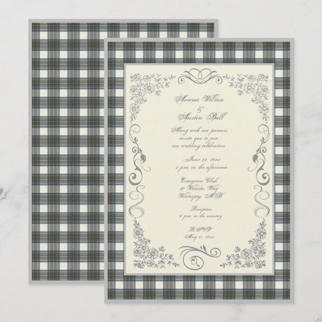 Convite Casamento de Xadrez Stewart Blue Tartan (Frente/Verso)