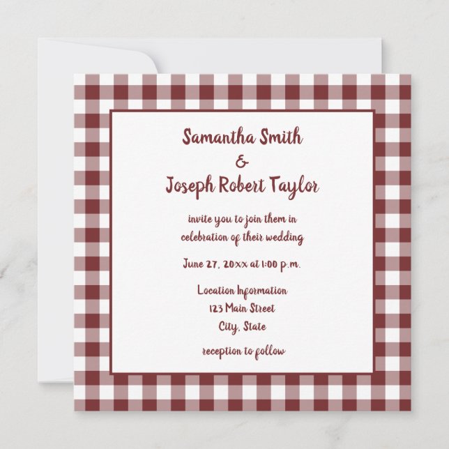 Convite Casamento de Xadrezes Burgundy e White Gingham (Frente)